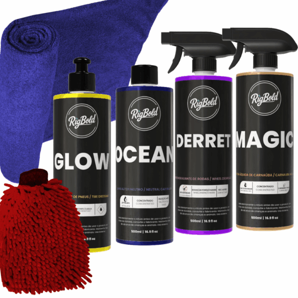 KIT Limpeza Externa - OCEAN + DERRET + GLOW + MAGIC + MICROFIBRA + LUVA